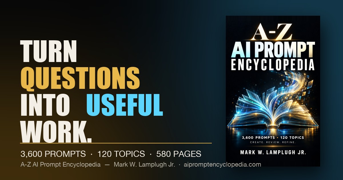 A-Z AI Prompt Encyclopedia — 3,600 prompts. 120 topics. 1,200 Create → Review → Refine workflows. By Mark W. Lamplugh…